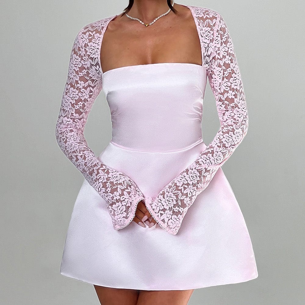 Elegant Pink Lace Long Sleeve Dress